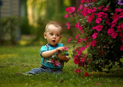 Kinder-Portrait, Bub sitzt neben Blumen